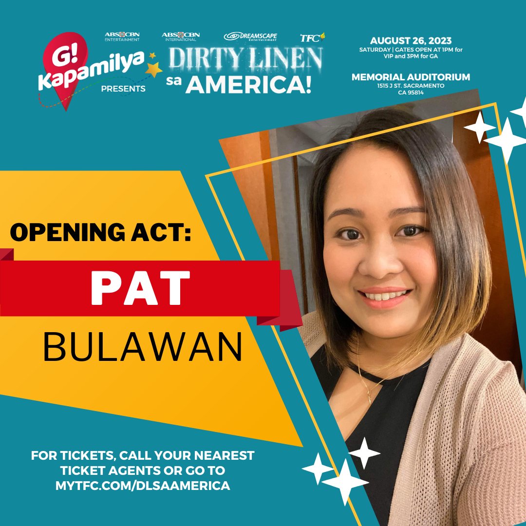 KapamilyaTFC's tweet photo. 🌟 Introducing Patricia Bulawan, our talented front act performer at G! Kapamilya Presents Dirty Linen sa America on August 26! 🎤🎶
Get your tickets now at https://t.co/NnRT7LrJ2S or https://t.co/1vJA0DdUHm 🎟️
#PatriciaBulawan #DLsaAmerica #FrontActPerformer #TalentedSinger https://t.co/amvPgmadPi