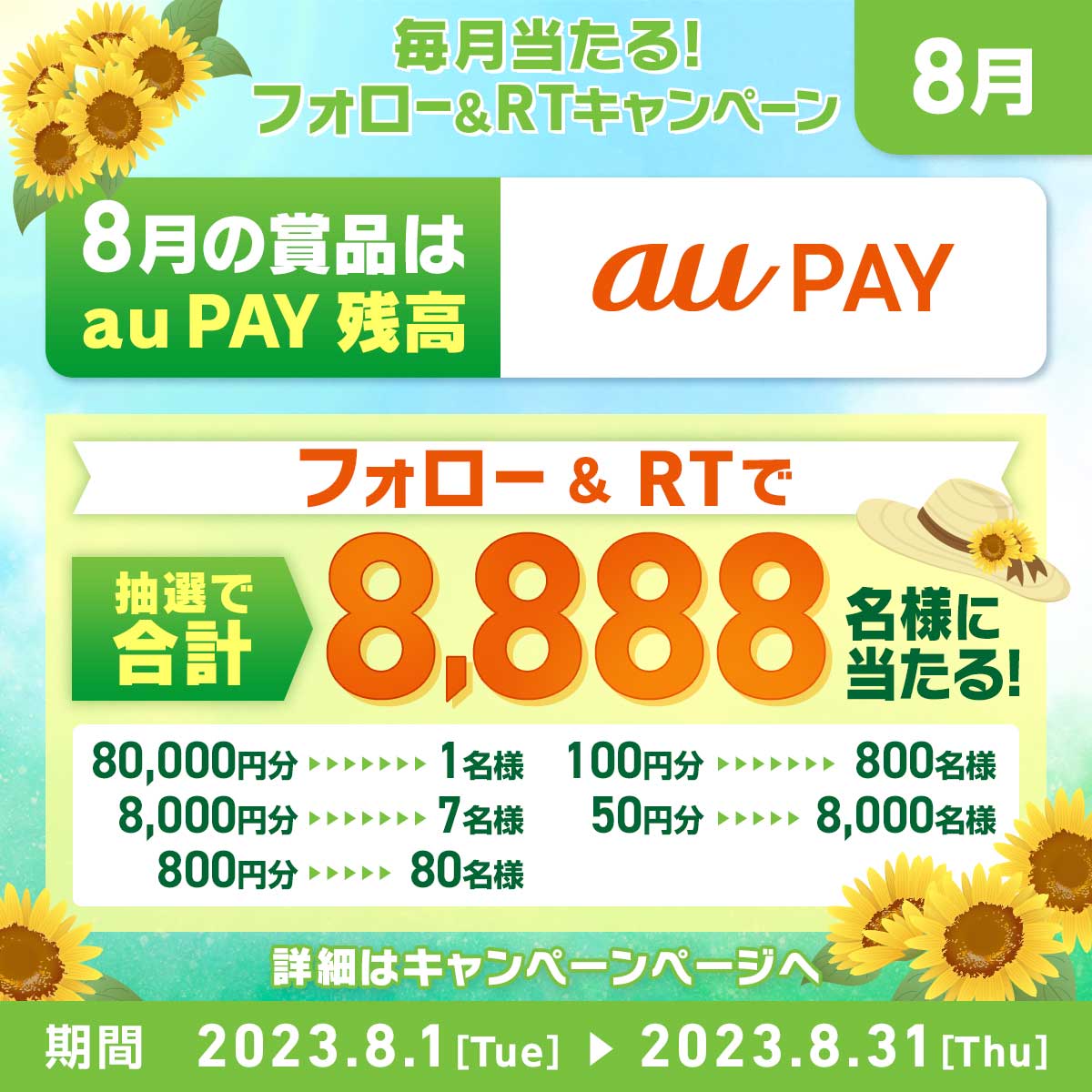 Sony_Xperia_au's tweet photo. 🌻🌻🌻　毎月当たる！　🌻🌻🌻
　　＼#フォローRT キャンペーン／
　🧡8月の賞品は au PAY 残高 🧡 

抽選で合計8⃣8⃣8⃣8⃣名様に当たる🎊
 👏👏👏👏 💰😀 👏👏👏👏

🎁応募方法
①@Sony_Xperia_auをフォロー
②この投稿をRT
後日当選者へDM送付

🔗詳細はこちら
https://t.co/43zg7zQ1i4
#auでXperia https://t.co/dRgG6iBugF