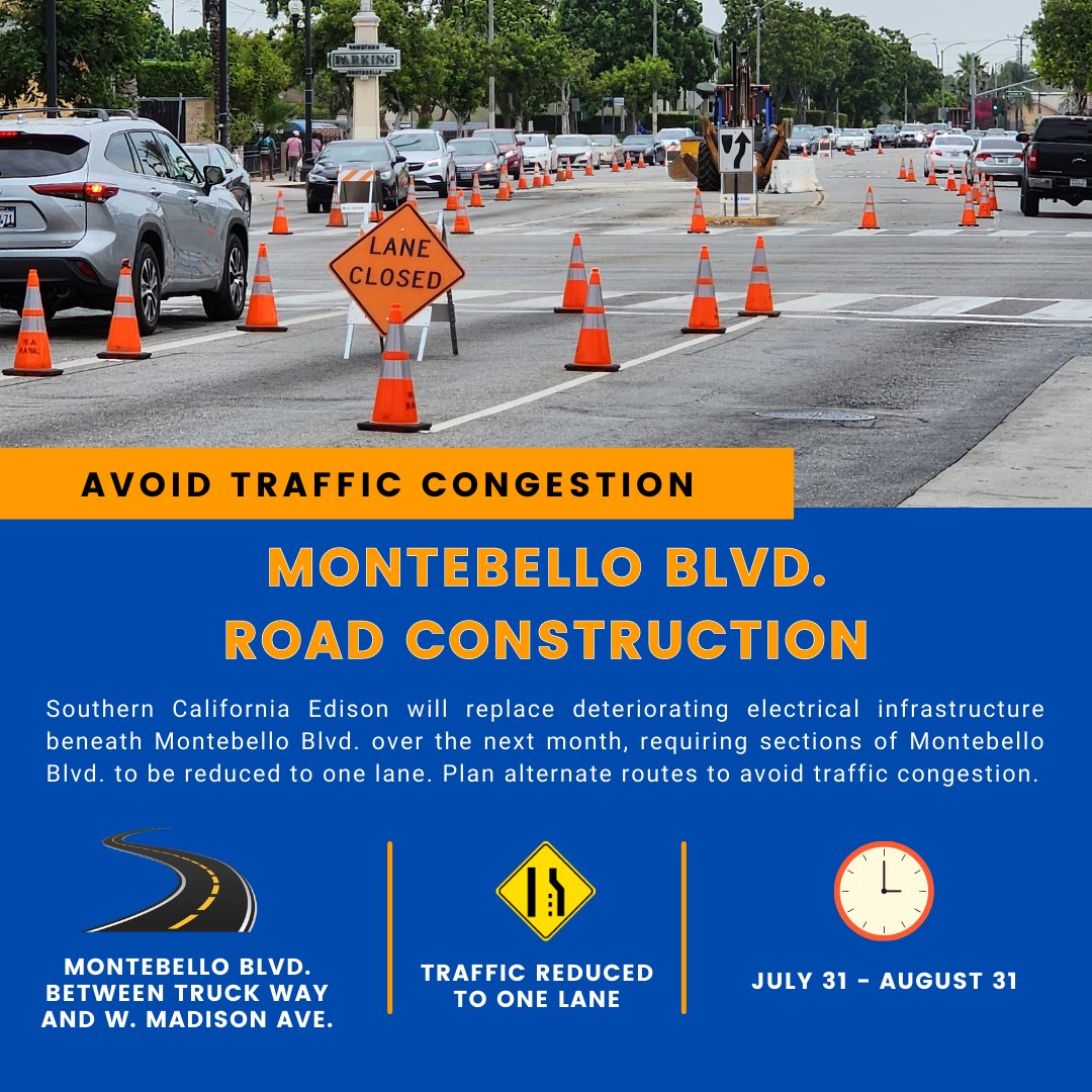 🚗 Drives are encouraged to plan ahead and avoid sections of Montebello Blvd. between July 31 - August 31 as Southern California Edison crews work to replace deteriorating electrical infrastructure, requiring the closure of one lane in each direction. 🚧