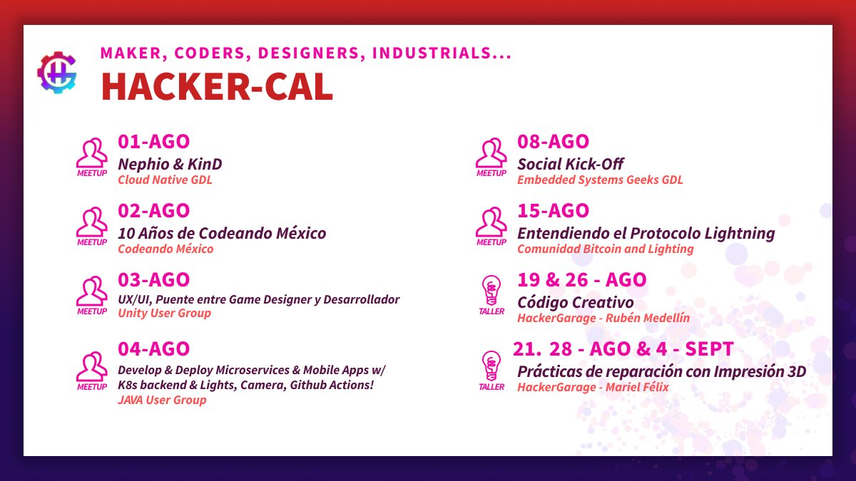HackerGarage's tweet photo. ¡Llévele, llévele! Te dejamos el calendario (actualizado) de los eventos que comienzan mañana! ¡Hay harta actividad!
¿Cuál te interesa?
También los puedes ver en linea: https://t.co/O7V9UZ5ccA
#HackerGarage #HackerSpace #AGOSTO #technology #Coding #Cloud #codeando #3Dprinting #blockchain #bitcoin #EmbeddedSystems #Java #Unity #workshops #meetups #Guadalajara