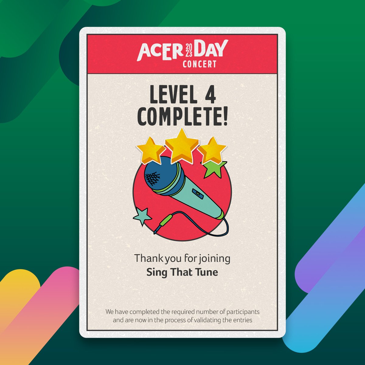 AcerPhils's tweet photo. Your score: 💯
Wow! You're the best singer!

Reward: A chance to win complimentary tickets to the Acer Day 2023: #AceYourWorld Concert. Check your emails because we will send claim ticket vouchers soon!

[Insert new tokens to play the next challenge] 

#AcerDay2023 #AcerDayGame4 https://t.co/45Jpd6d5eZ