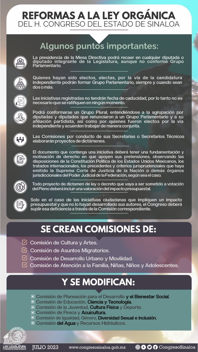 congresosinaloa's tweet photo. Hacemos de tu conocimiento que con el voto de #Morena, #PRI, #PAN, #PT, #MC y diputada y diputados #SinPartido se aprobaron reformas a la 𝐋𝐞𝐲 𝐎𝐫𝐠á𝐧𝐢𝐜𝐚 𝐝𝐞𝐥 𝐂𝐨𝐧𝐠𝐫𝐞𝐬𝐨 𝐝𝐞𝐥 𝐄𝐬𝐭𝐚𝐝𝐨.🤝📷 https://t.co/XrY2Oz8cRZ