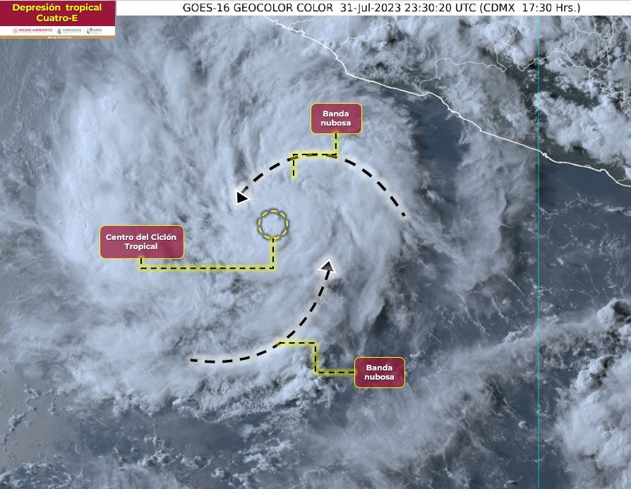 RadioCosta_'s tweet photo. #AlMomento #UNIRnoticias | Informa @conagua_clima que se formó la #DepresiónTropical #CincoE y a las 18:00 hrs se localiza a 455 km al sur de Manzanillo, Col. provocando #Lluvias🌧️ #PuntualesIntensas en #Jalisco, #Colima, #Michoacán y #Guerrero, y #LluviasMuyFuertes⛈️en #Nayarit. https://t.co/lDBho3ietk