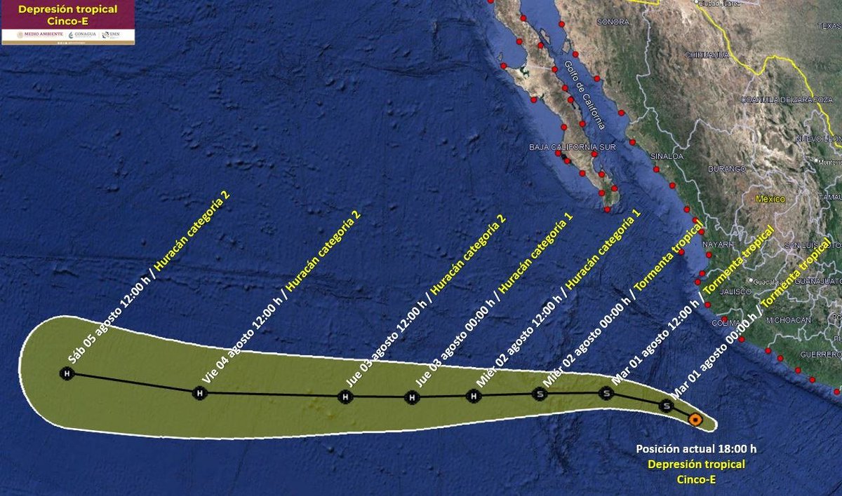 RadioCosta_'s tweet photo. #AlMomento #UNIRnoticias | Informa @conagua_clima que se formó la #DepresiónTropical #CincoE y a las 18:00 hrs se localiza a 455 km al sur de Manzanillo, Col. provocando #Lluvias🌧️ #PuntualesIntensas en #Jalisco, #Colima, #Michoacán y #Guerrero, y #LluviasMuyFuertes⛈️en #Nayarit. https://t.co/lDBho3ietk