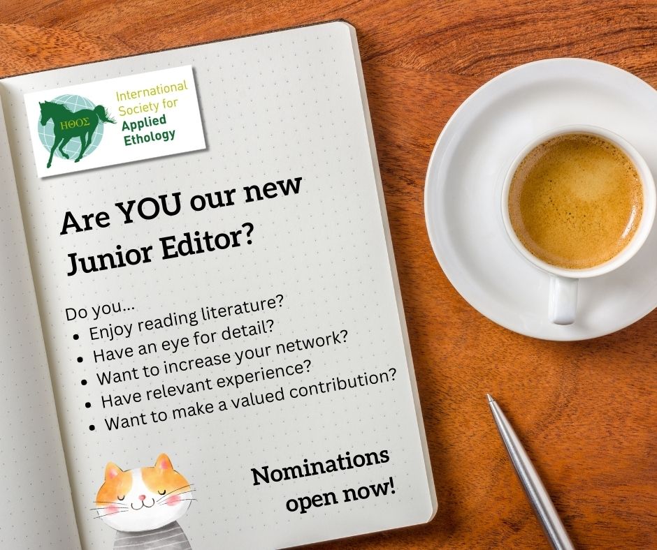 ISAE members! Want to be part of our editorial team? 
Nominations are open for Junior Editor* on the ISAE council! 
CVs &amp; statement of interest can be sent to ISAE secretary (applied-ethology.org/Carly_OMalley.…) or message me for more info. 
*Must be a current ISAE member