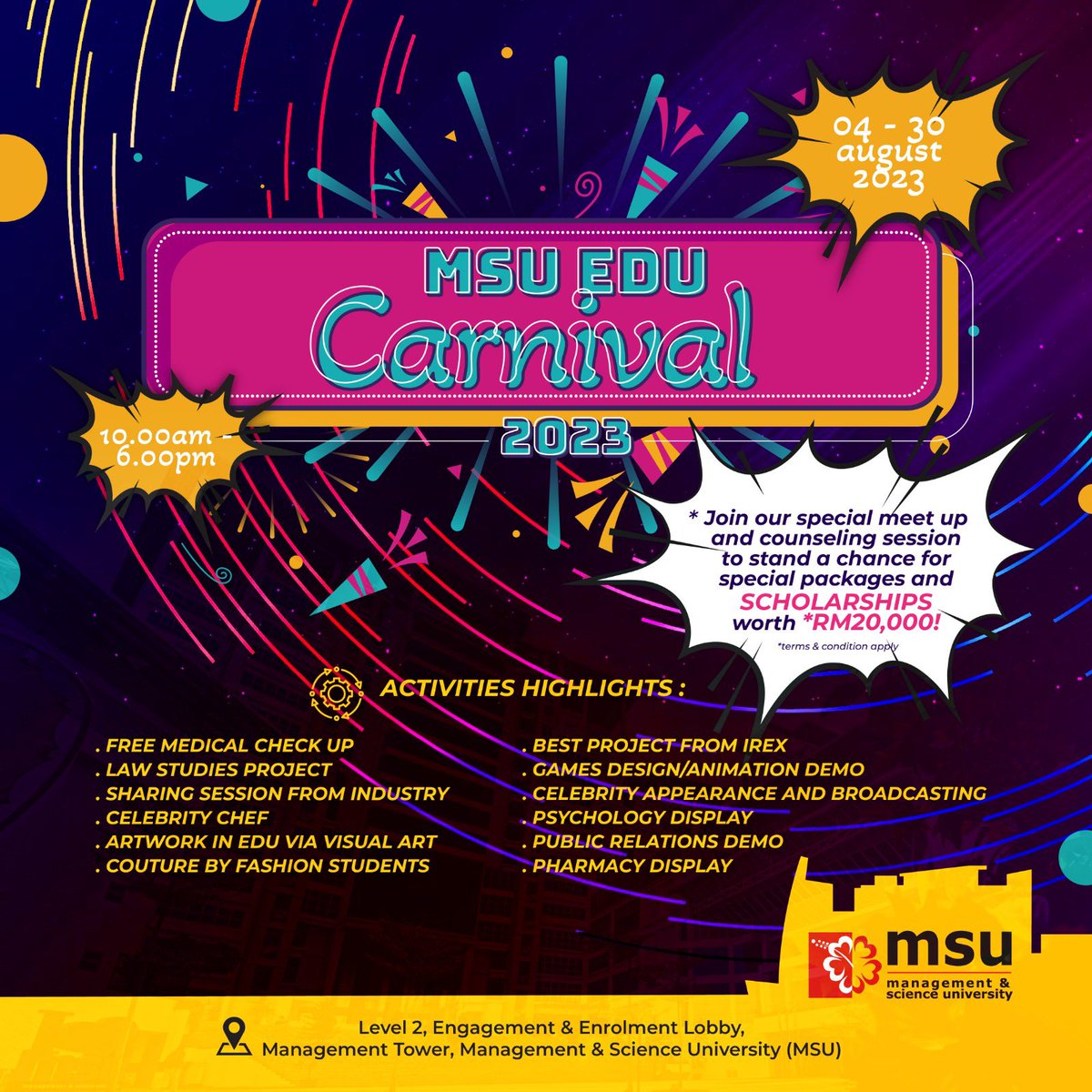 Jemput datang semua ke MSU Edu Carnival bermula 4/8/2023 , bertempat di Main Campus Shah Alam, ada perbagai program menarik sepanjang hari. Jangan lupa ! #msueducarnival #enrol2msu #go2msu