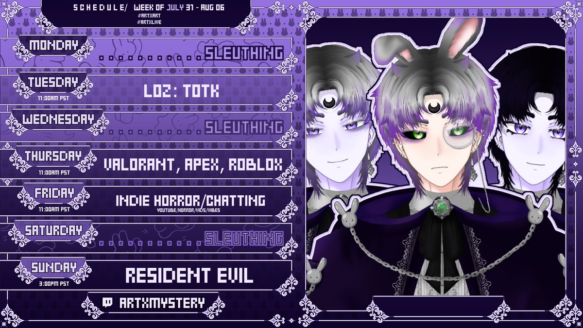 artxmystery's tweet photo. [🔎Weekly Schedule🌙]
July 31 - Aug 06🐇

general: #artXmystery
art: #artXart
live: #artXlive
clips: #artXclips
memes: #artXmeme

https://t.co/oNVgTx5nC8

#Vtuber #vtuberen #VtuberUprisings https://t.co/udKiyBTOk8