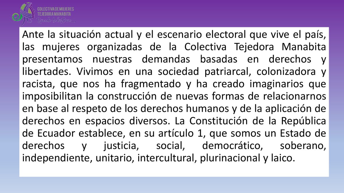 TManabitas's tweet photo. La @TManabitas a los candidatos Presidenciales. Ya basta de mentirle a las Mujeres y "posponer" sus demandas. Es  urgente asuman compromiso d asignar recursos  económicos para la prevención y erradicación de la VBG.  @yakuperezg  @ottosonnenh https://t.co/st4SprtIZ4 https://t.co/ugX9Eezjgj