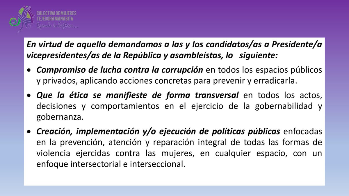 TManabitas's tweet photo. La @TManabitas a los candidatos Presidenciales. Ya basta de mentirle a las Mujeres y "posponer" sus demandas. Es  urgente asuman compromiso d asignar recursos  económicos para la prevención y erradicación de la VBG.  @yakuperezg  @ottosonnenh https://t.co/st4SprtIZ4 https://t.co/ugX9Eezjgj