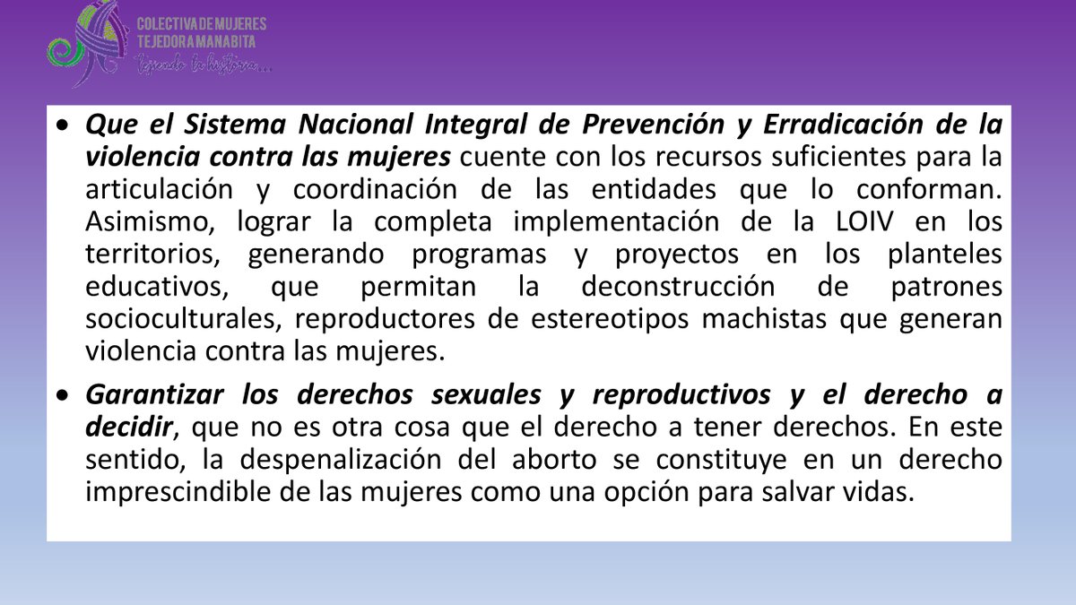 La <a href="/TManabitas/">Colectiva de Mujeres T.M por Nuestros Derechos!!</a> a los candidatos Presidenciales. Ya basta de mentirle a las Mujeres y "posponer" sus demandas. Es  urgente asuman compromiso d asignar recursos  económicos para la prevención y erradicación de la VBG.  <a href="/yakuperezg/">Yaku Pérez Guartambel</a>  <a href="/ottosonnenh/">Otto Sonnenholzner</a> facebook.com/photo?fbid=232…