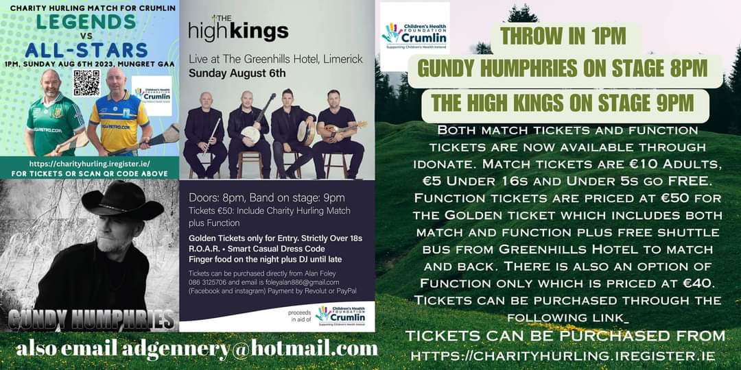 5 days to go folks! Calling all Limerick supporters to show you support one last time this year! Cheer on our Legends as they take on an All Star Team! Get your tickets here charityhurling.iregister.ie