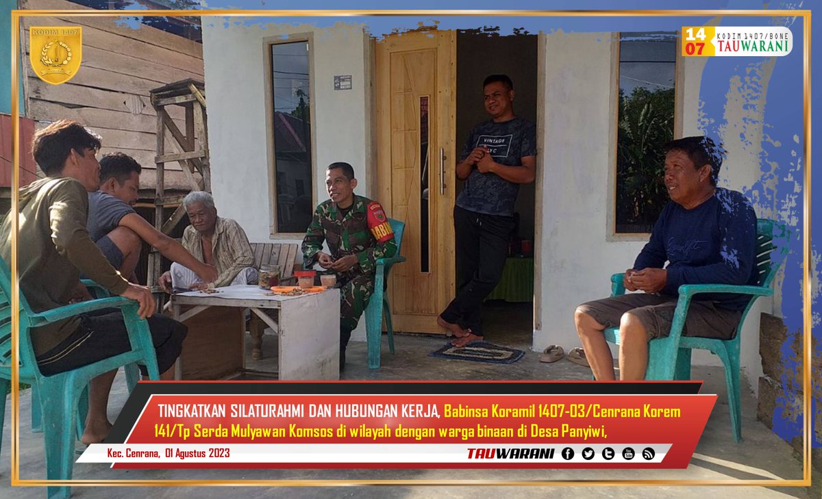 kodimbone's tweet photo. meningkatkan silaturahmi dan Hubungan kerja, Babinsa Koramil 1407-03/Cenrana Korem 141/Tp Serda Mulyawan Komsos di wilayah dengan warga binaan di Desa Panyiwi, Kecamatan Cenrana, Kabupaten Bone. Selasa (01/08/23).
#denwal #infomiliter #tniganteng #peninggibadan #paskhas https://t.co/1SfdQawAbD