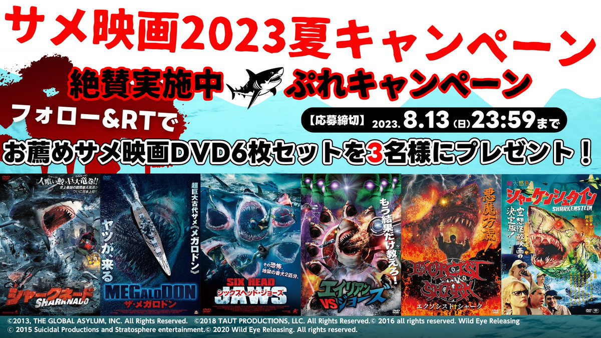happinet_lab's tweet photo. ／
サメ映画2023夏キャンペーン　
絶賛実施中🦈プレゼント・キャンペーン ✨
＼

フォロー&amp;リツイートで
お薦めサメ映画 DVD6枚セットを3⃣名様にプレゼント🌊

■応募方法
1⃣@happinet_lab をフォロー
2⃣ #サメ映画 を付けて引用RT
※当選者にはDMでご連絡します
〆8/13（日)23:59 https://t.co/KML7tDyPie