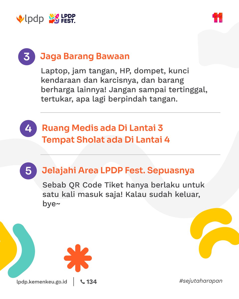 LPDP_RI's tweet photo. Pagi #LPDPrens!
TODAY IS THE DAY!
Ingat, jangan sampai tak hadir yaa, hari ini LPDP Fest. akan shadir dari jam 10.00-20.00.
Bagi yang akan hadir hari ini, ada baiknya menyimak beberapa informasi penting berikut yaa~
#DiriuntukNegeri #LPDPFest #UangKita https://t.co/Jf3DH8hu8d