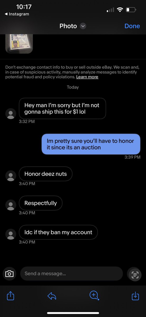 AcousticCards's tweet photo. Not my pic…

My buddy is trying to get into the hobby. Ended up winning this auction for $1 and received this message from the seller 🤣🤣🤣

eBay is the Wild West sometimes man😂

@CardPurchaser https://t.co/x9MmIIm3uQ