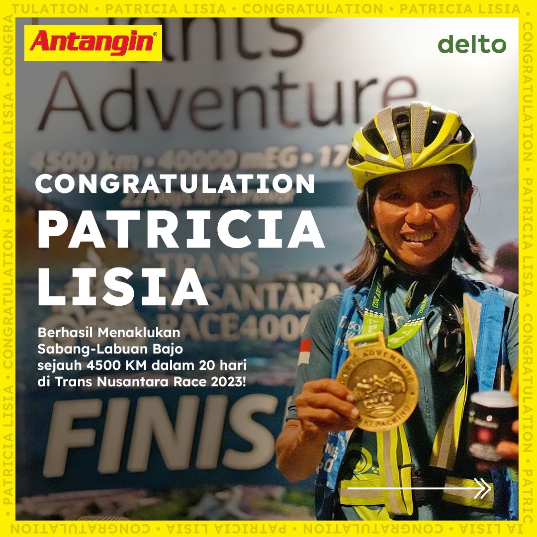 Antangin_IDN's tweet photo. Congratulation Patricia Lisia!

Telah berhasil menaklukan Sabang- Golo Mori Labuan Bajo dengan sepedanya sejauh 4500 KM dalam 20 hari di event sepeda nasional Trans Nusantara Race 2023.

#SkipAngin #Antangin #transnusantararace #cyclist #cyclistindonesia https://t.co/6ZpoSSo4xn
