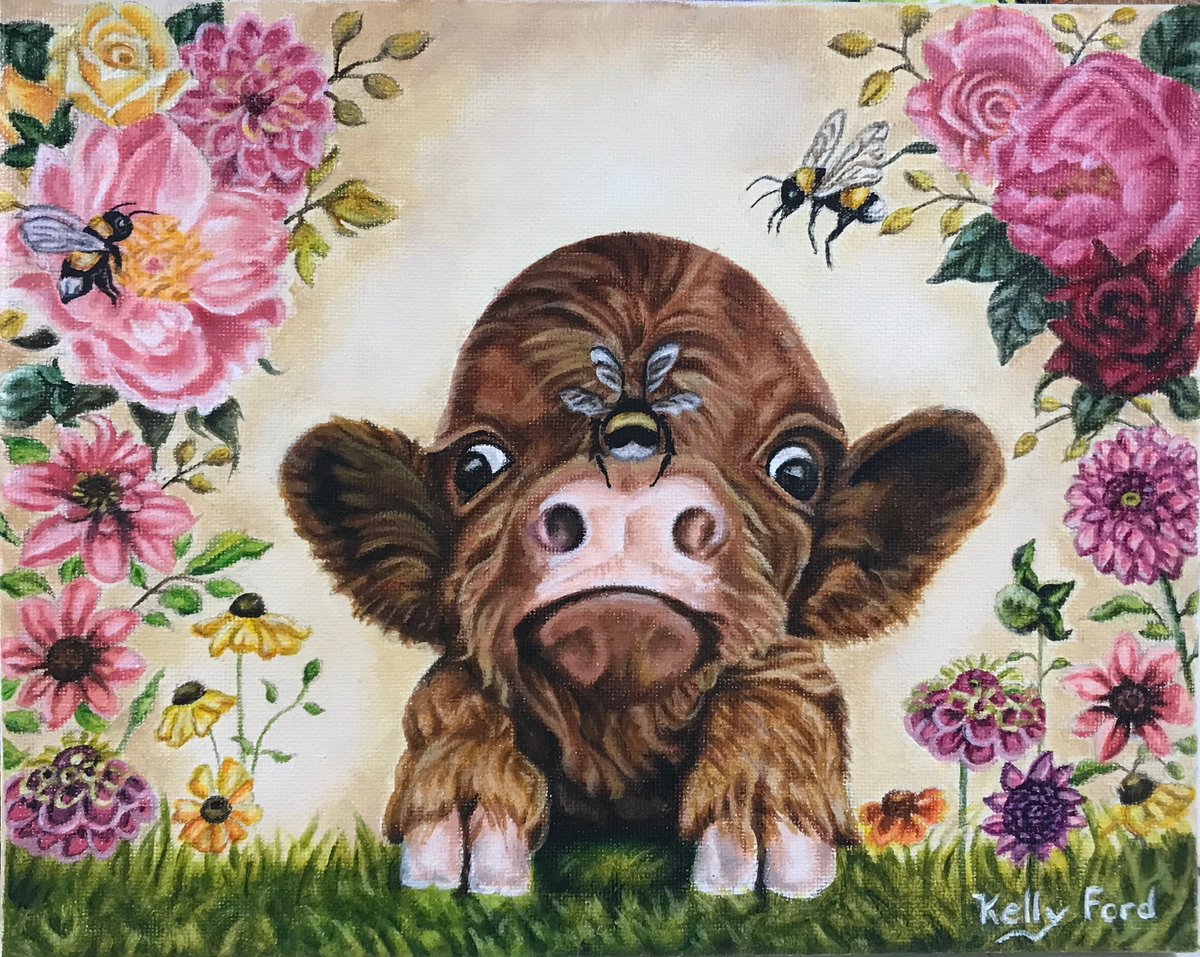 Boris, and the Bumblebees ¨ Boris is a Highland cow calf. Painting by Kelly Ford.