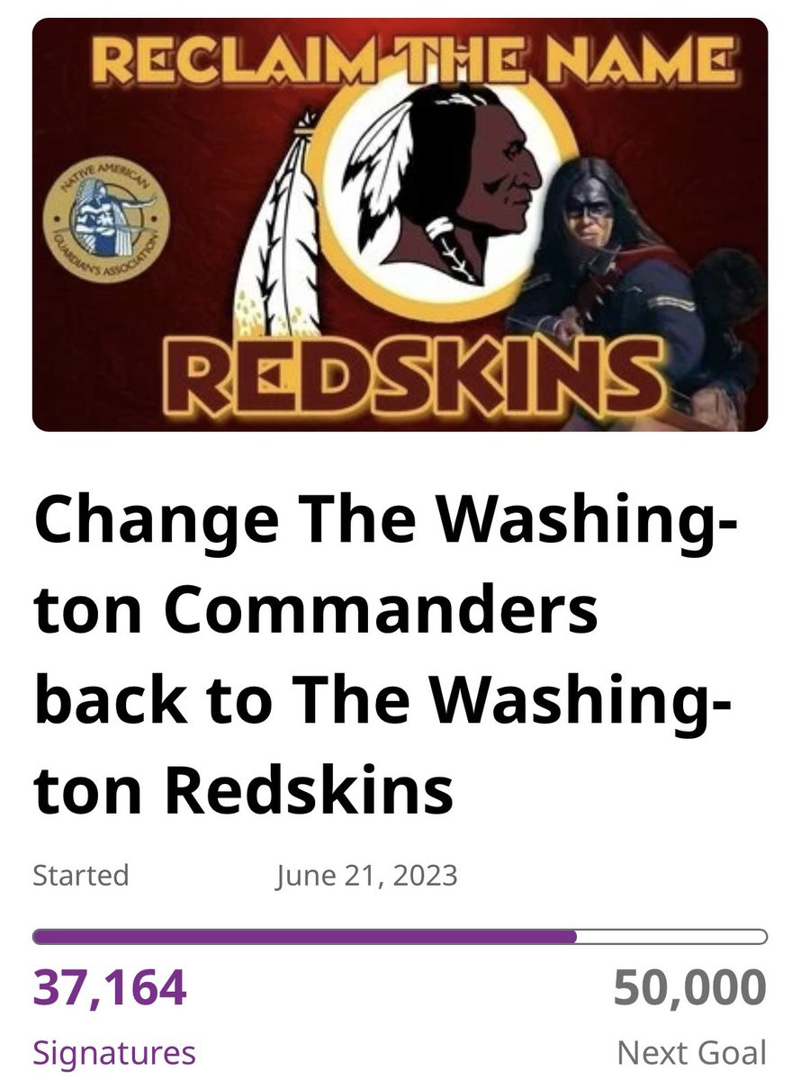 jasrifootball's tweet photo. 𝗧𝗥𝗘𝗡𝗗𝗜𝗡𝗚: A petition to change the #Commanders name back to #Redskins now has over 37,000 signatures and counting.

Ron Rivera acknowledge that they have been saying the term “Redskins” a lot recently, but that they say it with “the utmost respect” to native Americans.

The goal for the petition is 50,000 signatures — and it’ll probably surpass that mark.
