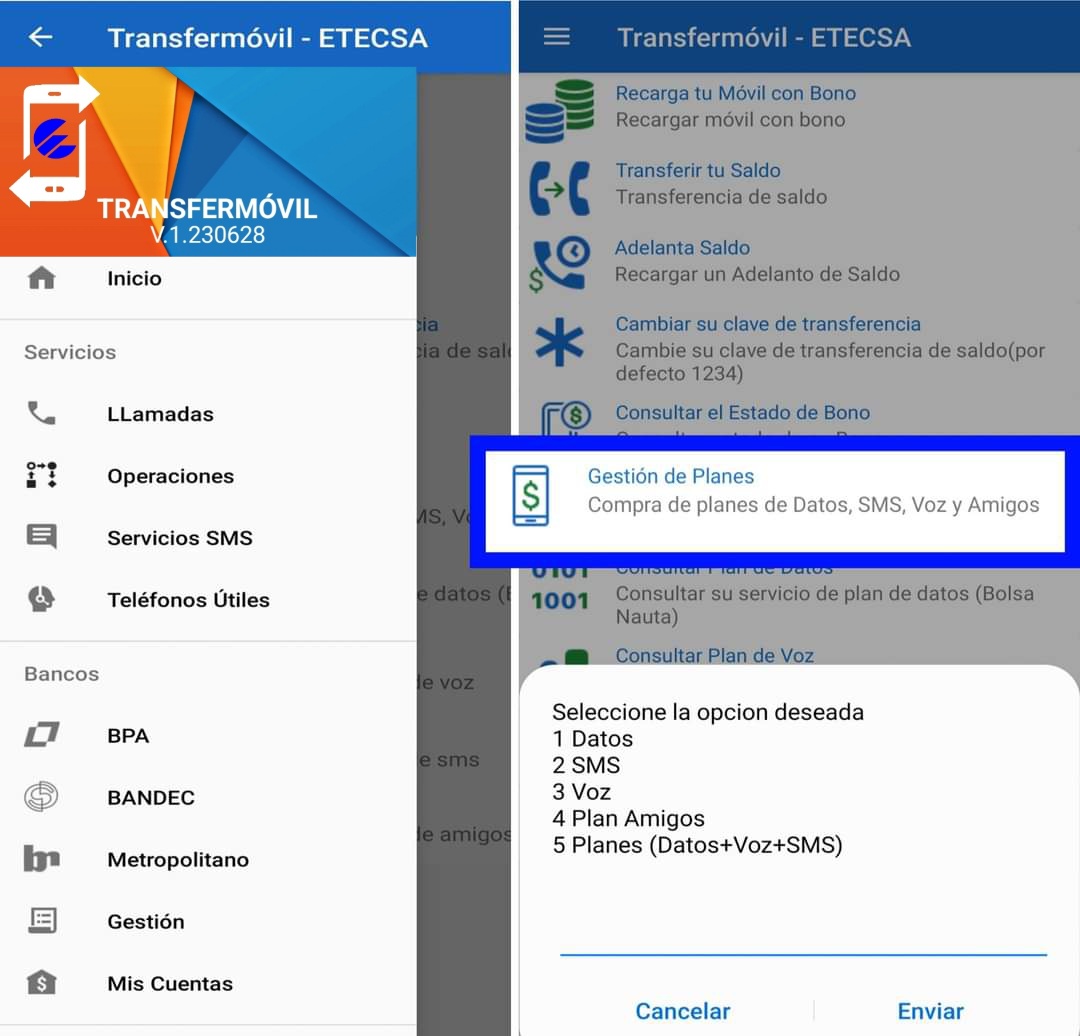 TransfermovilS's tweet photo. Sabías que mediante #Transfermóvil en su menú de Servicios 👉 Operaciones 👉 Gestión de Planes, puedes realizar la compra de Planes, Bolsas y Paquetes, los cuales se descuentan del SALDO PRINCIPAL de la Línea y SIN BONIFICACIÓN.
@ETECSA_Cuba @taniavel76 @MINCOMCuba https://t.co/k4j96O8IcL