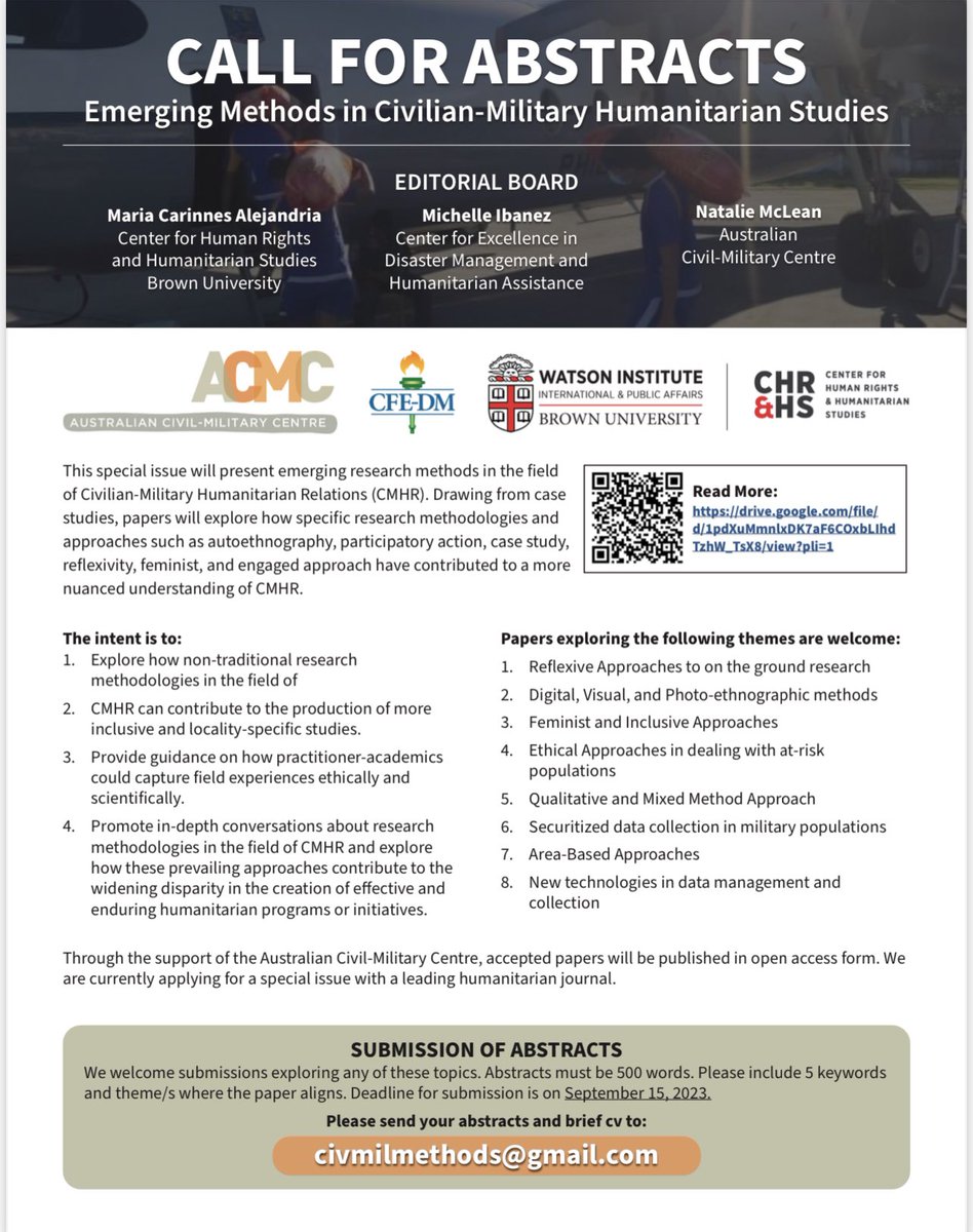 CarinAlejandria's tweet photo. Call for Abstracts: we are inviting scholars working on Civil-Military Humanitarian Studies to consider submitting an abstract for our special issue focused on research methods. Please see the poster for details. https://t.co/pJqnOYtXN8