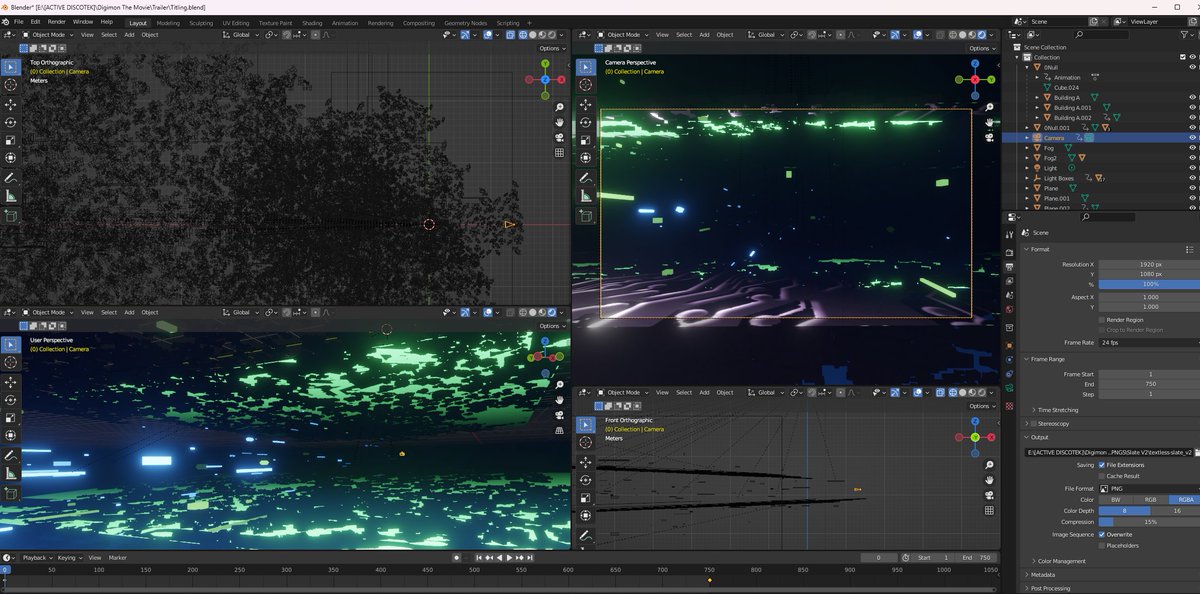 Kitsunelaine's tweet photo. Digimon trailer behind the scenes-- I made the slate graphic for all our title work and our endslate in Blender. There were some leftover assets I'd made for an earlier project and I reconfigured them to fit the Digimon theme. https://t.co/xp86oA2N6O