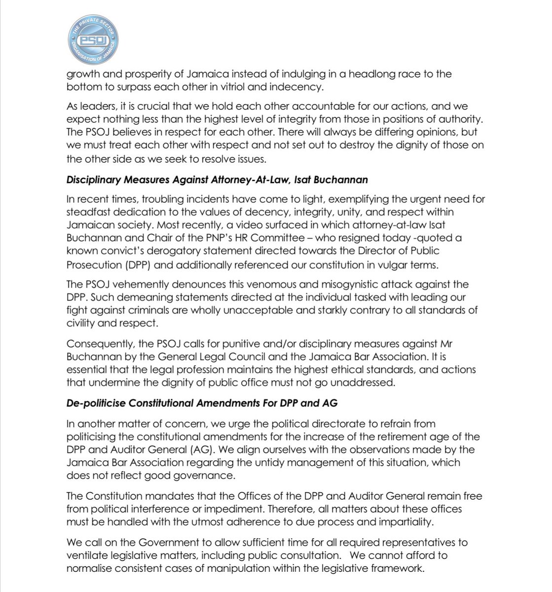 thePSOJ's tweet photo. PSOJ Calls for Respect and Civility in Jamaica’s Leadership – PSOJ

Recent events in the public domain, especially involving leaders, deeply concern our organisation, and we must address them as they threaten the nation's progress.

🔗 https://t.co/XBl6FT2Oa5 https://t.co/Yrcagm0woV