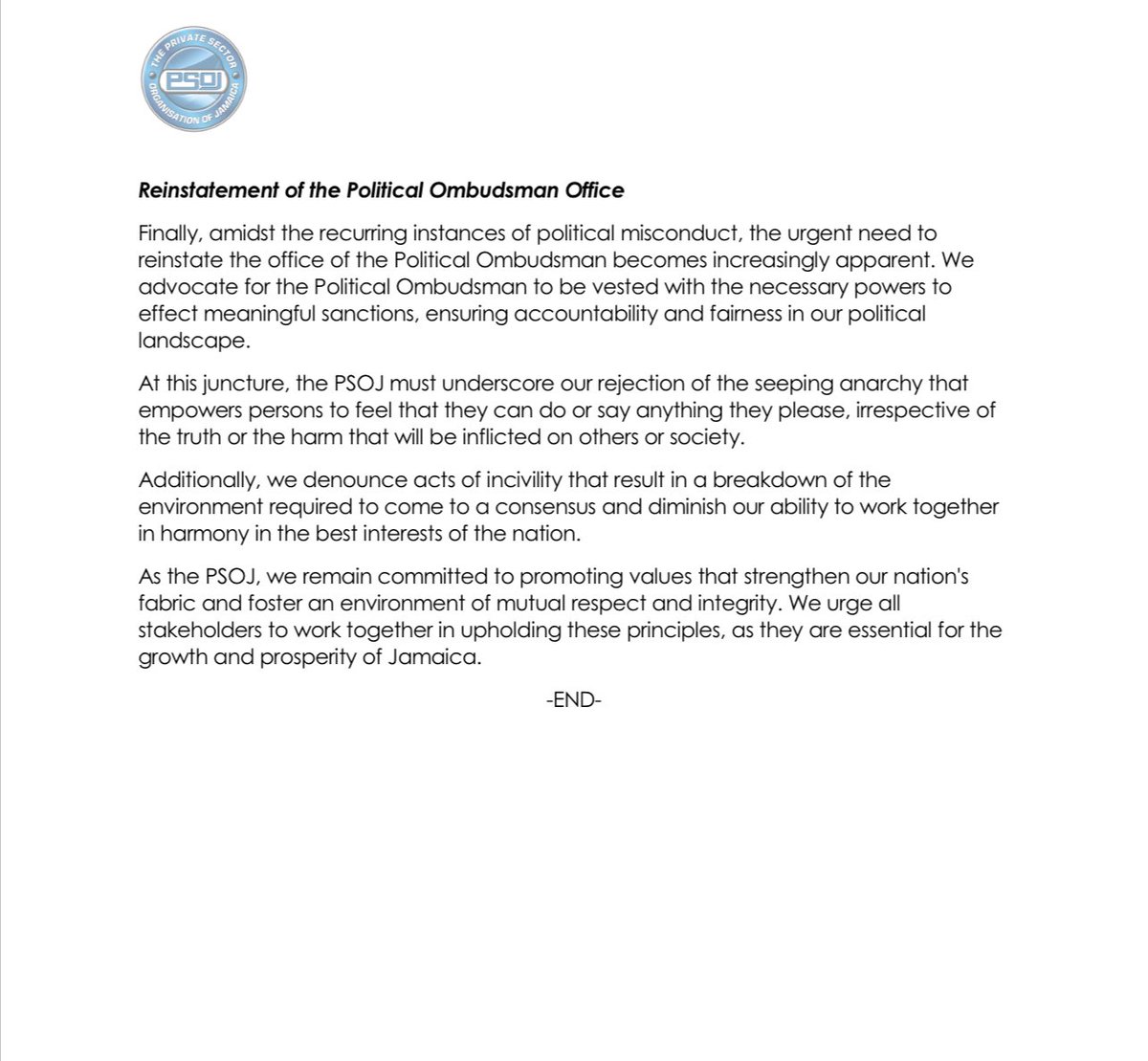 thePSOJ's tweet photo. PSOJ Calls for Respect and Civility in Jamaica’s Leadership – PSOJ

Recent events in the public domain, especially involving leaders, deeply concern our organisation, and we must address them as they threaten the nation's progress.

🔗 https://t.co/XBl6FT2Oa5 https://t.co/Yrcagm0woV