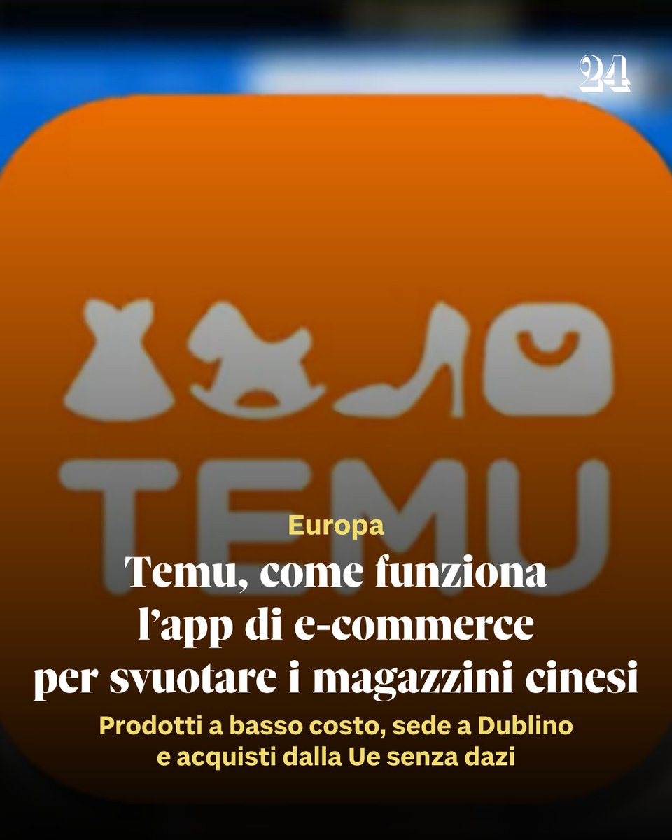 sole24ore's tweet photo. 🔸 L'obiettivo è svuotare i magazzini per combattere il declino della domanda di beni della #Cina, in affanno ormai da mesi e mesi. 📱 Le strategie di #Temu, la nuova #app di e-commerce che fa concorrenza ad Amazon. https://t.co/rakYMtt2mh