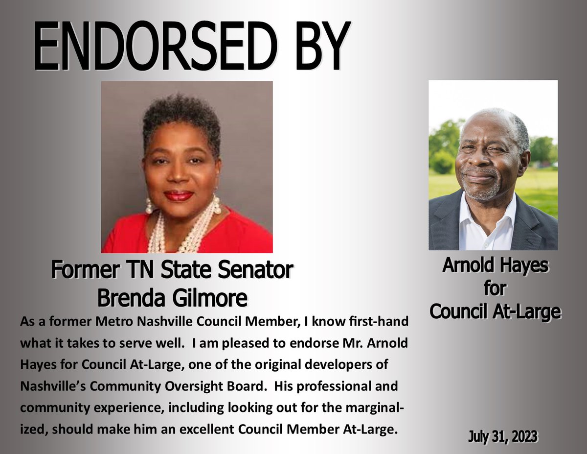 HayesForJustice's tweet photo. Thank you @SenatorGilmore for your endorsement for Metro Nashville Council At-Large! #BetterDaysWithHayes https://t.co/nCs12DJd8P