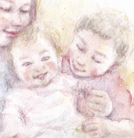 「いつのまにかくっついて」  素敵な光景を描かせてくださり、ありがとうございましたきっと時間が経って思い出すのは、こんなふうにワチャワチャくっついた時間なんだろうな。 #オーダー水彩画
