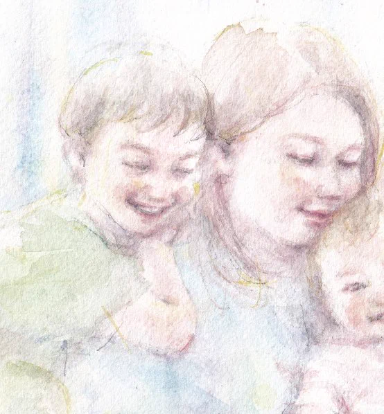 「いつのまにかくっついて」  素敵な光景を描かせてくださり、ありがとうございましたきっと時間が経って思い出すのは、こんなふうにワチャワチャくっついた時間なんだろうな。 #オーダー水彩画