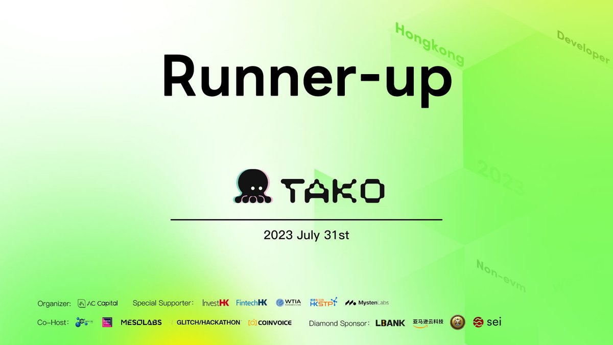 🎉Congratulate <a href="/TakoProtocol/">Tako 🐙| Trends.fun arc</a>  for winning the 2st place at BuidlerCon 2023 Demo Day

Tako Protocol is a decentralized recommendation engine powering the content distribution layer of Web3.💎