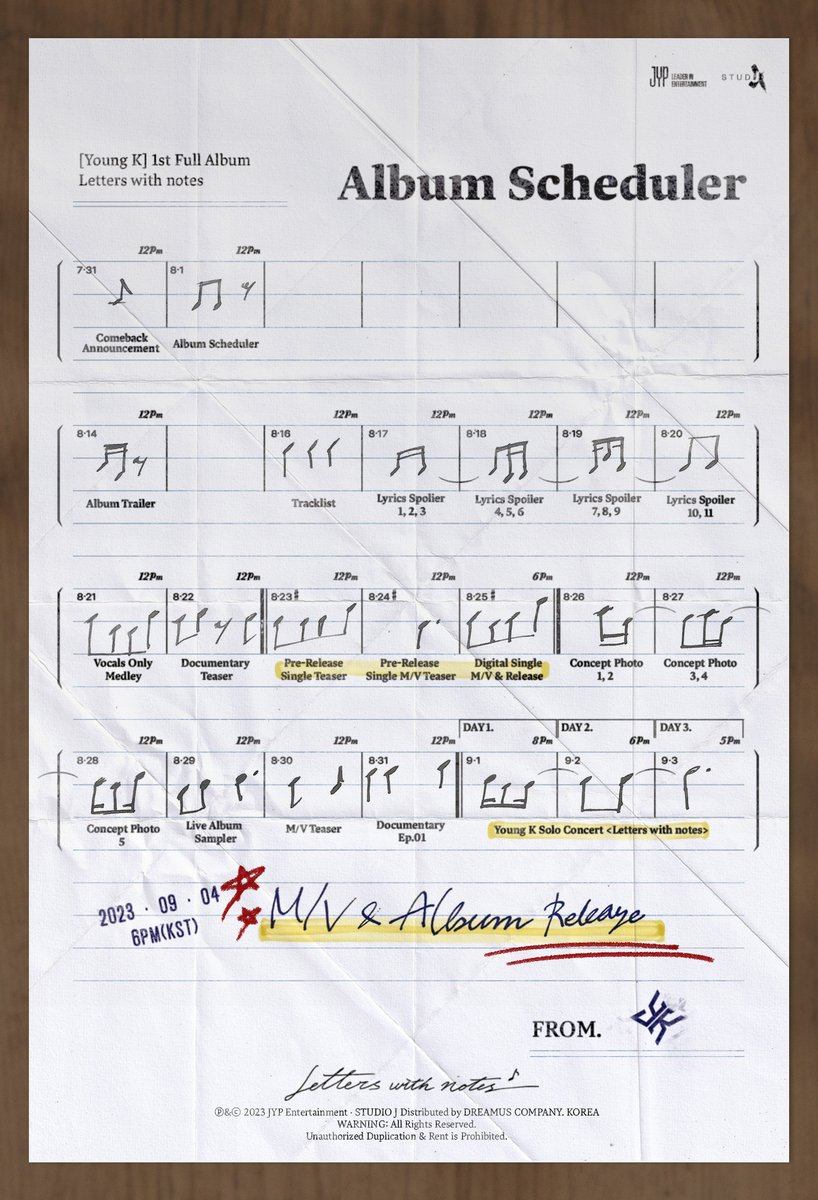 Young K 1st Full Album
<Letters with notes> 
Album Scheduler

ALBUM RELEASE 🔽
2023.09.04 6PM (KST)

#DAY6 #데이식스
#YoungK
#Letters_with_notes
#JYP
