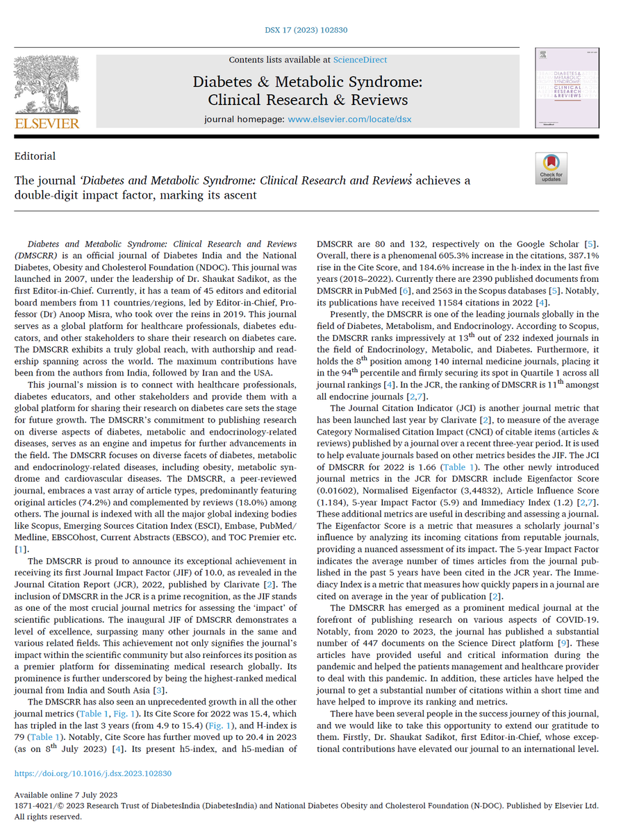 docanoopmisra's tweet image. An editorial (Raju Vaishya, myself) on ascent of our journal in all academic metrics. ##ImpactFactor, 10, high #citescore; remarkable achievements. We intend to improve on these....

drive.google.com/file/d/1_l-nxn…