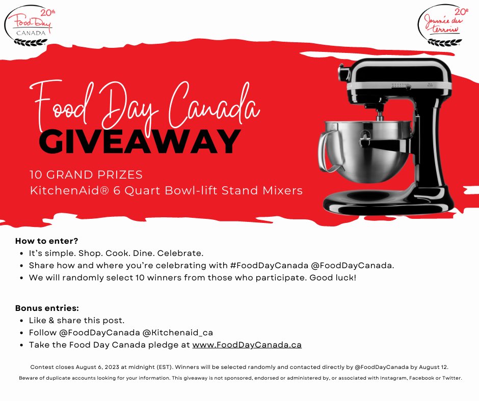 🚨20th Anniversary Giveaway
We want to give back to your kitchens! 
Shop. Cook. Dine. Celebrate. Canadian. 
✅Share with #FoodDayCanada 

Bonus entries -
✅Like &amp; retweet
✅Follow <a href="/FoodDayCanada/">Food Day Canada</a> <a href="/KitchenAid_CA/">KitchenAid Canada</a> 
✅Take the pledge fooddaycanada.ca
See details 👇