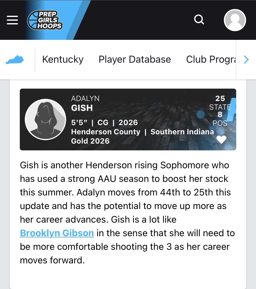Up 19 spots to 25 in the <a href="/PGHKentucky/">Prep Girls Hoops Kentucky</a> 2026 rankings 👏🏻 
<a href="/addy_gish/">Addy Gish</a> led us in assists(3apg) and steals(2.5spg) this season. Her scoring and percentages went up in July. She shot 42% from 3. That played a positive role in us going 19-2 during the final 21 games.