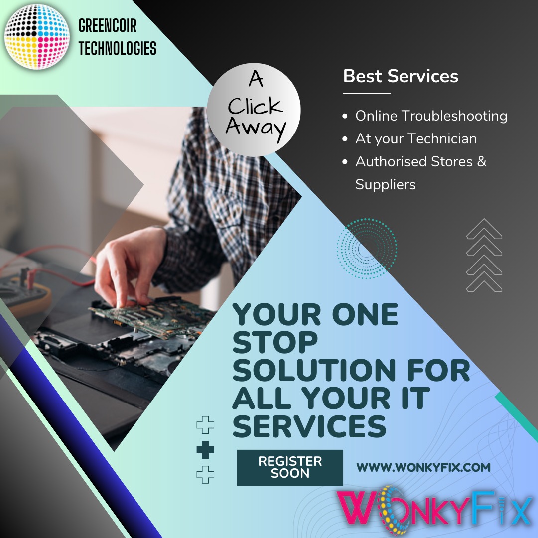 GreencoirT's tweet image. Fix it fast, fix it right at WonkyFix Tech Repair 

Register for our services at wonkyfix.com 

WonkyFix 
One Stop Solution for all your IT needs 
#pcrepairservice #Softwareinstallations  #Partsreplacement 
#Hardwareupgradation 
#Troubleshooting 
#Virusremoval