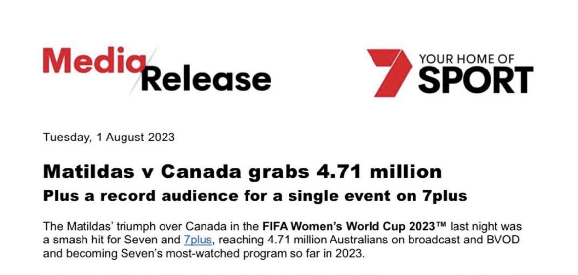 Aus v Canada was Seven’s most-watched program so far this year. 4.71 million people tuning in.