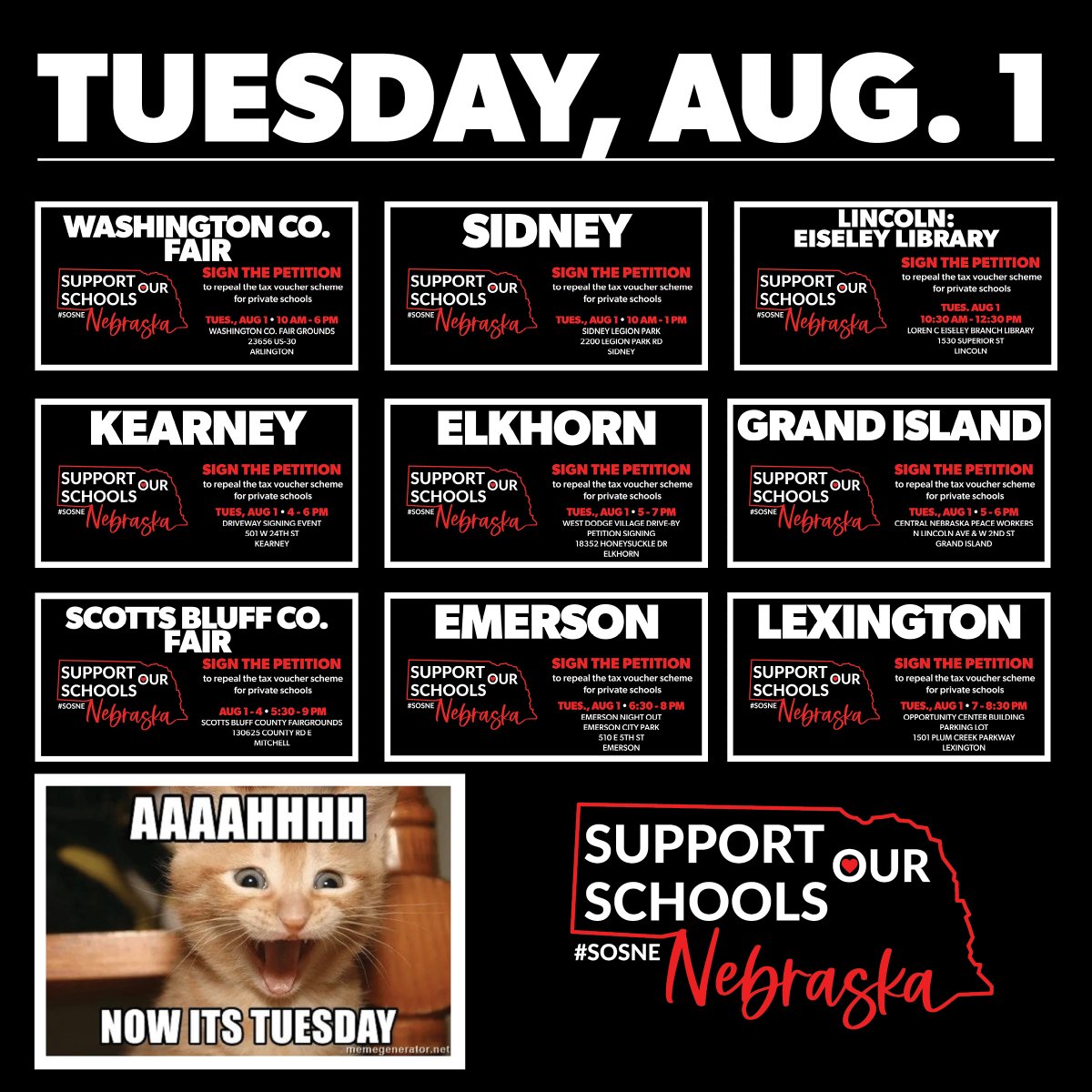Tuesday, August 1: Petition signing events across Nebraska!