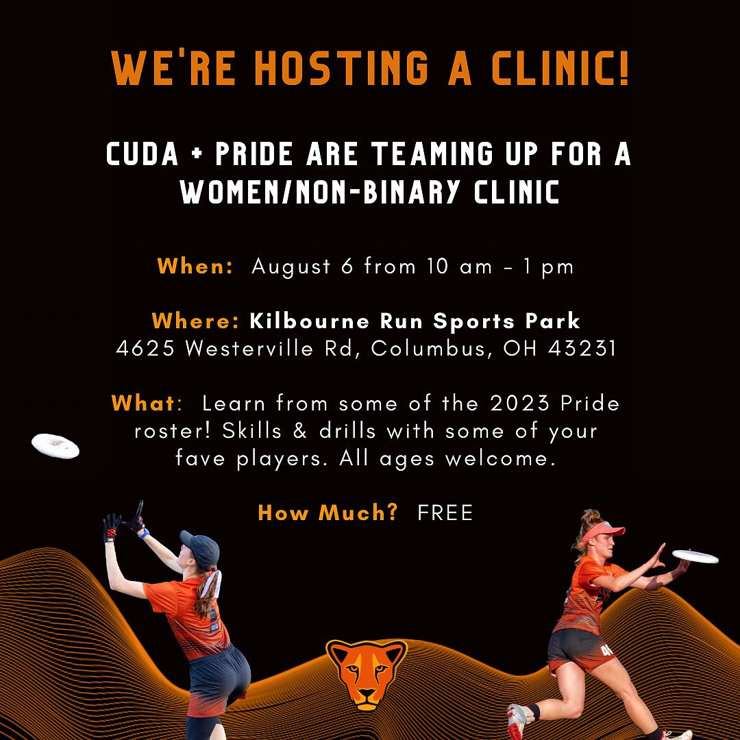 THIS SUNDAY: <a href="/cudaultimate/">Columbus Ultimate</a> and <a href="/prideofcolumbus/">cbuspride</a> are partnering up for a WNB community clinic! All ages are welcome. The best part? It’s FREE! Register at the link in our bio!