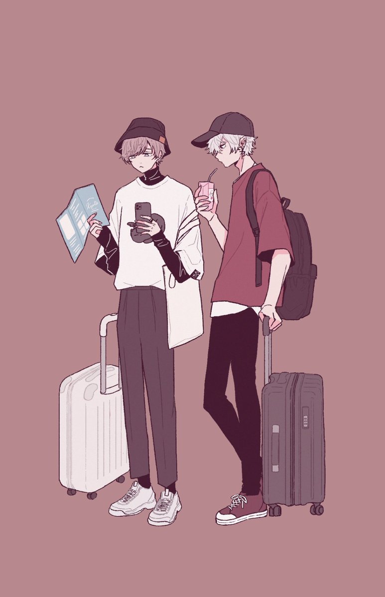 2boys multiple boys backpack rolling suitcase male focus bag hat  illustration images