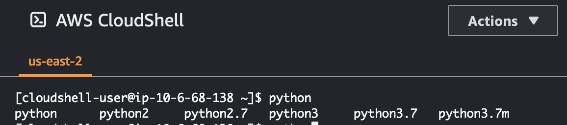 Frustrating that AWS CloudShell has only python2 and python3.7 by default. 3.7 was "end of life" in June! (And let's not talk about python2...)