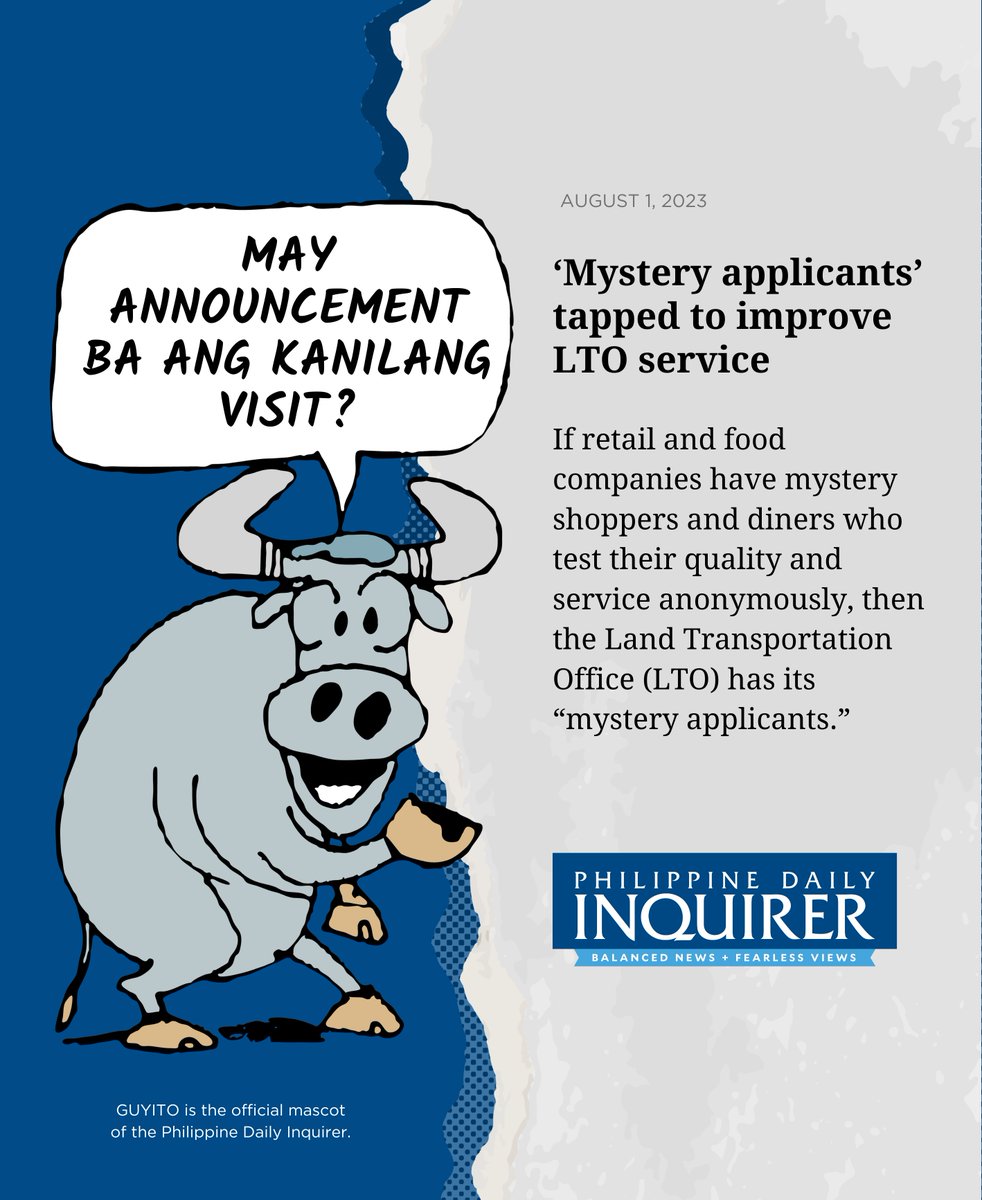 phildailyinq's tweet photo. If retail and food companies have mystery shoppers and diners who test their quality and service anonymously, then the Land Transportation Office (LTO) has its “mystery applicants.”

Read more: https://t.co/1C4n0Uajen

#Guyito #PhilippineDailyInquirer #Inquirer #INQPlus https://t.co/FUdeQDJzXf