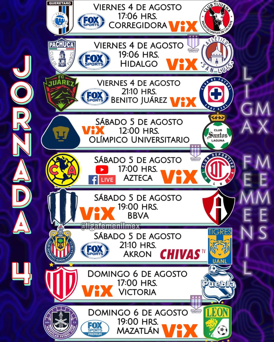 ligafemenilmex's tweet image. Les dejamos su bonito calendario para la jornada 4 🔥
*Sujeto a cambios*
#LigaBBVAMXFemenil #VamosPorEllas #FútbolFemenino