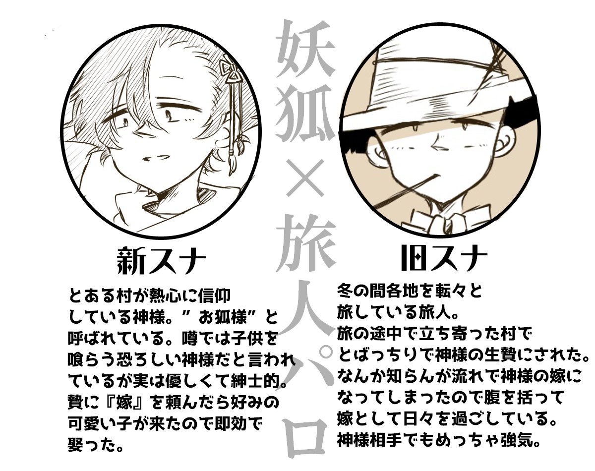 妖狐×旅人パロの新旧のかるい設定。 ぶっちゃけ縄で縛られてる旧さんと、煙管の煙から出てくる妖狐新さんが描きたかった。