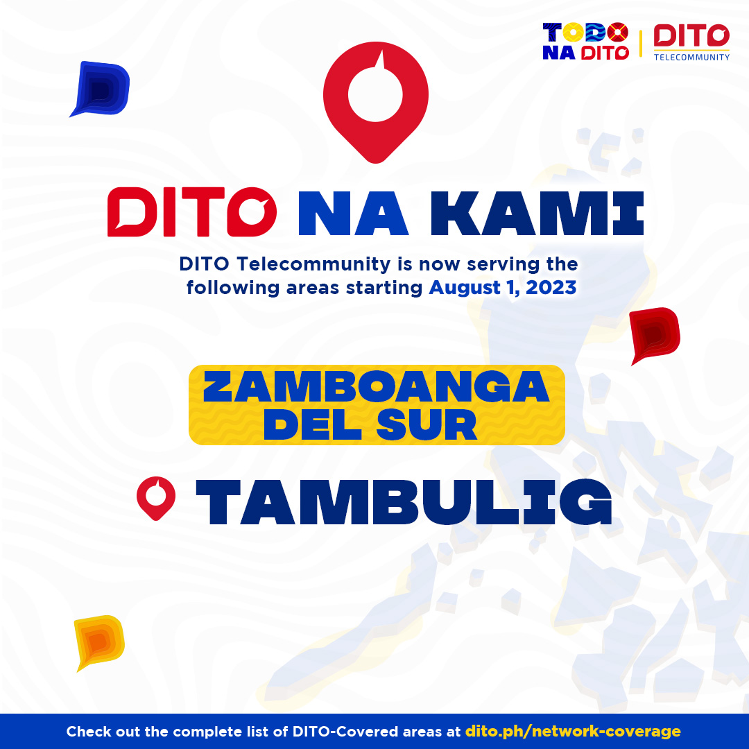 DITOphofficial's tweet photo. Shout out sa mga nasa mga Tambulig, Zamboanga del Sur - DITO-covered na ang ilang lugar diyan sa inyo starting Aug 1, 2023! 🙌

Order a DITO SIM now!
❤️ Shopee: https://t.co/YCsqaWOGOU
💙 Lazada: https://t.co/eI0xSHEXx0
💜 DITO eShop: https://t.co/ji2q0j8Mkn https://t.co/OaZWw3nzgY