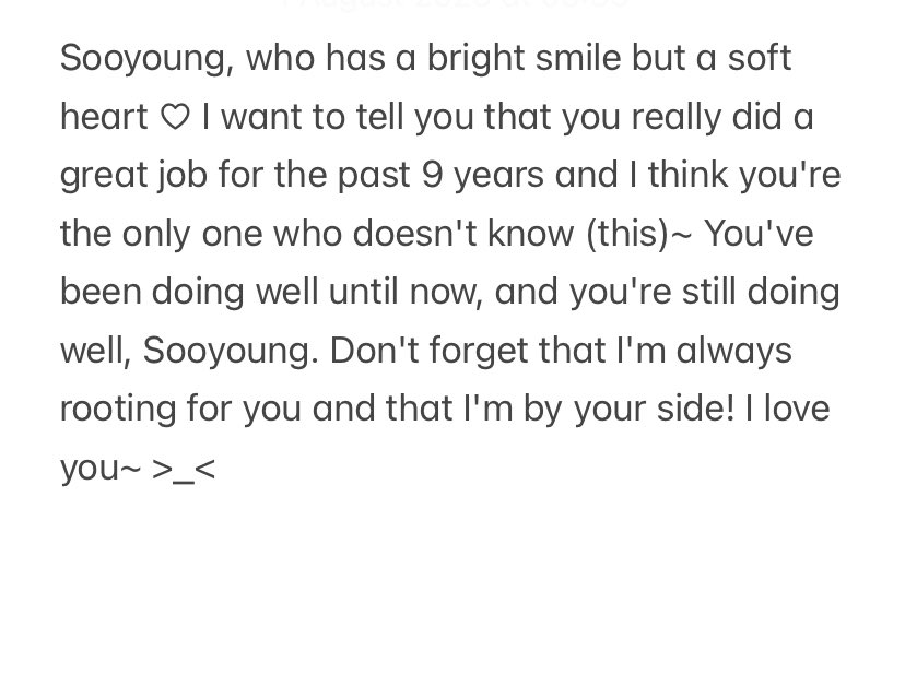 Wendy letter to #조이 

Don't forget that I'm always rooting for you and that I'm by your side! I love you~&gt;_&lt;