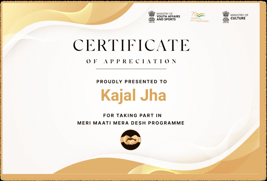 #MeriMatiMeraDesh 
#nssdmvrjn 
Jai hind 🇮🇳
I have got a certificate of appreciation by MMMD program.