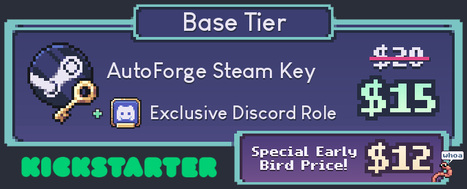 For folks who like an excellent deals AND supporting AutoForge- the revised Kickstarter is gonna have an Early Bird Special for a - $12 - Steam copy of the game. Sign up to be notified when the campaign goes live here: kickstarter.com/projects/jmcmo…