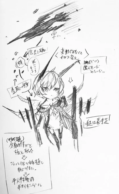 ネメシスちゃんの軽い設定  翼はそのまま分子レベルで肉体が分離して金属に変わるイメージ。(金属の塊になった後変形だとエモい)